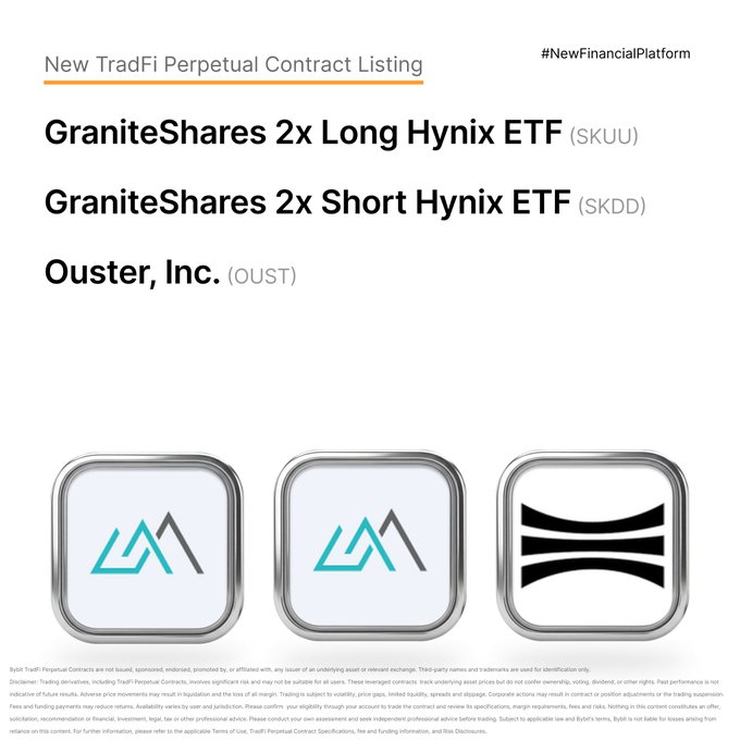 A Bybit announcement announcing the listing of three new TradFi perpetual contracts: GraniteShares 2x Long Hynix ETF (SKUU), GraniteShares 2x Short Hynix ETF (SKDD), and Ouster, Inc. (OUST), with each asset represented by a metallic app-style icon below its name.