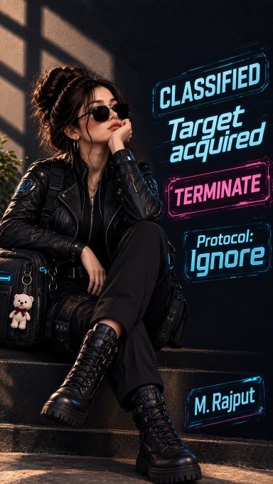 A stylized illustration of a woman in a black leather jacket and sunglasses sitting with neon signs reading 'CLASSIFIED Target acquired', 'TERMINATE', 'Protocol: Ignore', and 'M. Rajput'.