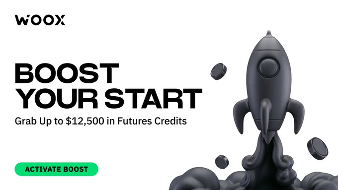 A WOOX promotional banner featuring a 3D-rendered black rocket ship with the headline "BOOST YOUR START" and an offer of "Up to $12,500 in Futures Credits," accompanied by a green "ACTIVATE BOOST" call-to-action button. The rocket imagery visually reinforces the post's message about claiming an instant $30 KYC bonus and maximizing trading capital on the WOOX platform.