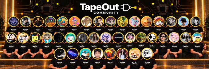 A group of community members wearing branded "TapeOut" t-shirts pose together under the "TapeOut Community" banner, representing the collective of creators behind the project. The image visually reinforces the post's theme of expanding participation by showcasing the diverse, global team working toward making development accessible for everyone in the DeWEB ecosystem.