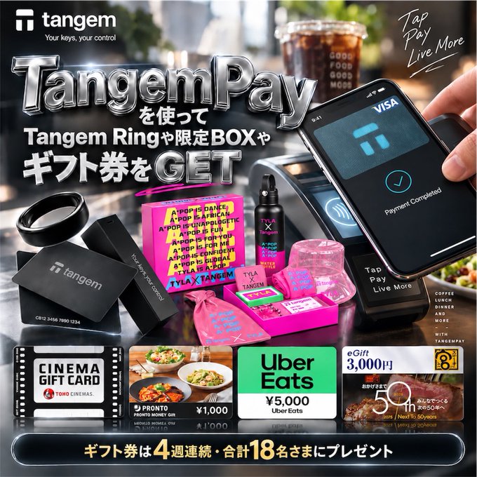 Tangem is promoting its TangemPay contactless payment technology with a campaign offering gift cards, a Tangem Ring, limited-edition boxes, and more—featuring prizes like ¥5,000 Uber Eats, ¥3,000 eGift, ¥1,000 Pronto, TOHO Cinema gift cards, and a 50% off coupon. The ad encourages users to make a purchase with TangemPay and post the scene, with 18 winners drawn weekly across 4 consecutive weeks.