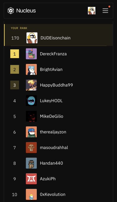 A 'Nucleus' mobile app screen showing a leaderboard with the user 'DUDEis0nchain' ranked 170th, behind top players like DereckFranza (#1), BrightAvian (#2), and HappyBuddha99 (#3).