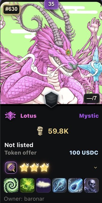 A mobile game interface displaying a character named 'Lotus' (a purple dragon/mystical creature) with stats showing 59.8K, marked as 'Not listed' with a token offer of 100 USDC.