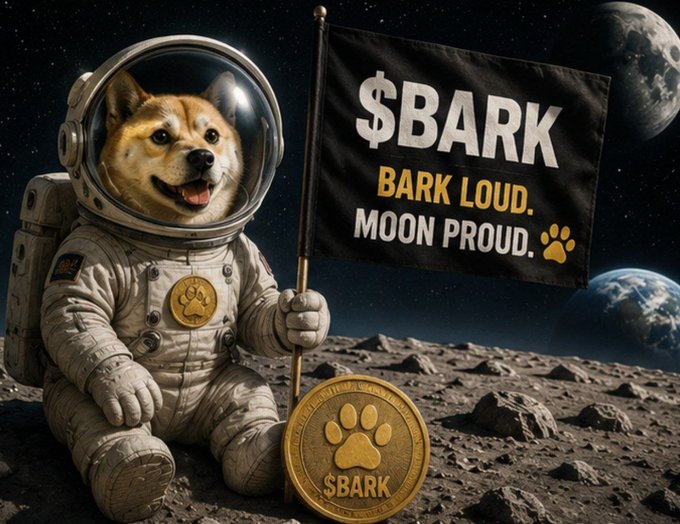 A promotional image for the $BARK cryptocurrency featuring a Shiba Inu dog in an astronaut suit on the moon's surface, holding a flag that reads "$BARK - BARK LOUD. MOON PROUD." with a paw print coin in the foreground.