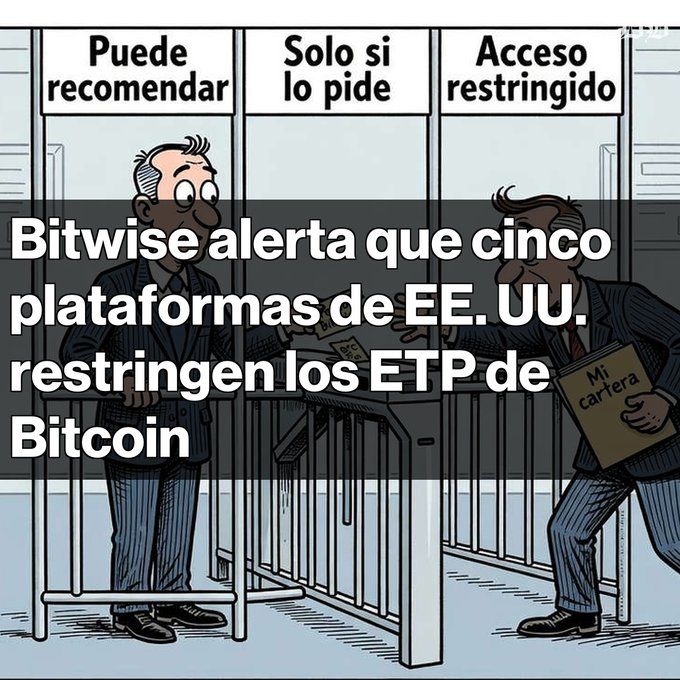 A Spanish-language graphic with cartoon men behind bars is overlaid with 'Bitwise alerta que cinco plataformas de EE. UU. restringen los ETP de Bitcoin.'