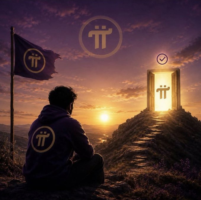 A hooded figure wearing a Pi Network emblem sits at sunset beside a flag bearing the Pi (π) logo, gazing up a stone path toward a glowing portal also marked with the Pi symbol and a checkmark. The image visually echoes the caption's message of reaching a long-awaited milestone, with the illuminated doorway symbolizing Pi's transition from mobile mining to its open mainnet Web3 era.