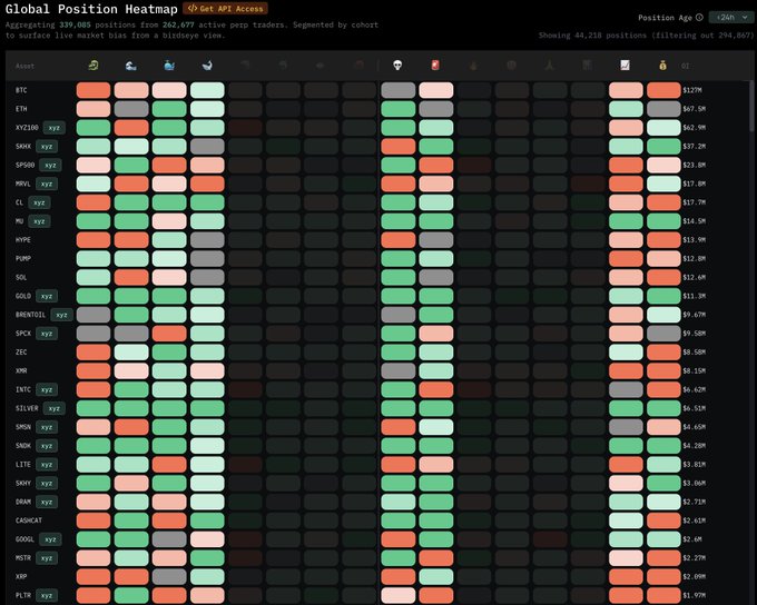 A 'Global Position Heatmap' displaying cryptocurrency positions aggregating 339,005 positions from 262,477 active perp traders, showing assets like BTC, ETH, SOL, XRP, and others with dollar values and color-coded cells (green/red) representing long/short bias.