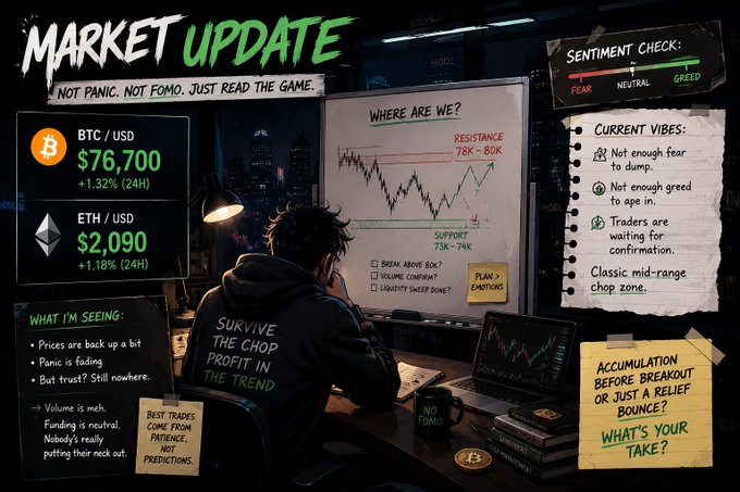 The image depicts a person sitting at a desk with their computer screen displaying market updates, specifically mentioning cryptocurrency prices like Bitcoin (BTC) and Ether (ETH). It seems that the person might be looking for some specific information about these digital currencies or monitoring market conditions. The atmosphere of the scene is serious, as it shows how much people are concerned about the fluctuations in the market.