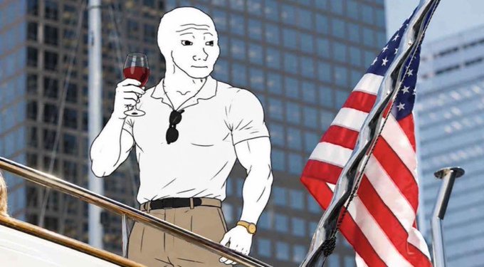 A Wojak-style meme character wearing a white polo shirt and sunglasses tucked into the collar, holding a glass of red wine next to an American flag with a city skyline in the background.