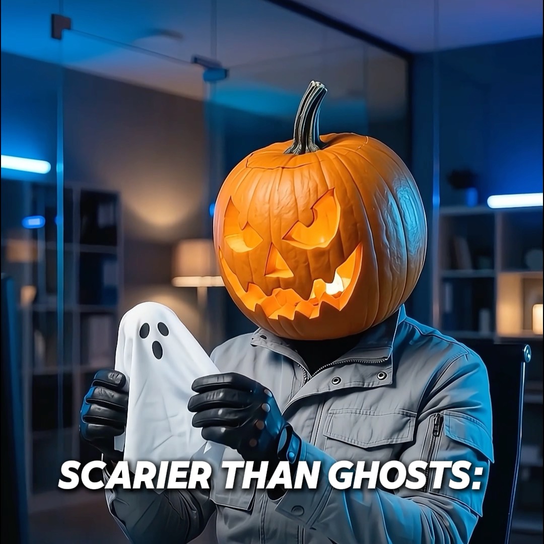 A figure in a gray jacket and black gloves wears a glowing jack-o'-lantern head while holding a small white ghost, with the text "SCARIER THAN GHOSTS:" overlaid in bold white font. The image ties into the Halloween-themed crypto promotion, using the pumpkin-headed character and ghost to playfully tease the upcoming event offering 500,000 USDT in pumpkin chests.