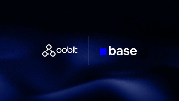 The image shows a dark blue gradient background featuring the Oobit logo (white circular design) alongside the Base logo (blue square with "base" text), separated by a vertical line, representing the partnership announced in the post where Oobit is enabling Base wallet holders across 80+ countries to spend stablecoins at 150 million Visa merchants worldwide.