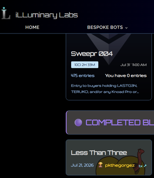 Screenshot of the 'illuminarty Labs' website displaying 'BESPOKE BOTS' with listings including 'Sweepst 004' and 'Less Than Three' by pKtheorge.