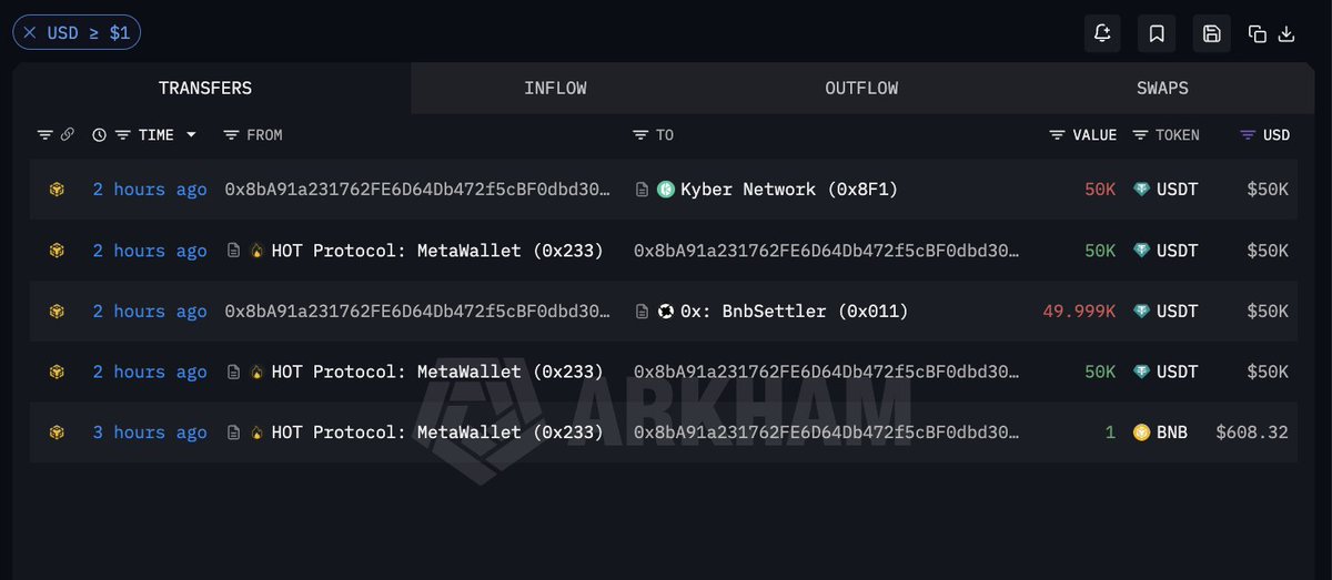 A blockchain transaction tracker (Arkham) displays inflows from HOT Protocol: MetaWallet (0x233) to wallet 0x8bA91a231762FE6D64Db472f5cBF0dbd30..., showing multiple 50K USDT transfers totaling ~$200K within a 3-hour window, supporting the post's claim about a large memecoin purchase that spiked the price due to thin liquidity.