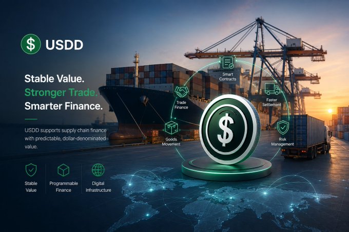 A USDD cryptocurrency promotional banner highlighting 'Stable Value, Stronger Trade, Smarter Finance' against a backdrop of a cargo ship and port cranes.