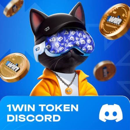 An advertisement for '1WIN TOKEN DISCORD' featuring a black cat wearing a digital sleep mask and orange hoodie surrounded by gold tokens bearing the 1Win logo.