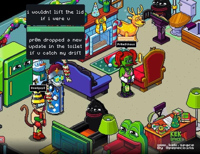The image shows a cartoon scene with several characters, including a man wearing a red shirt standing next to a green refrigerator. There are also two people sitting on chairs near a fireplace, as well as other characters like a deer figurine and a frog character in various positions throughout the room. The post reads "Kekspace coded", which suggests that this image is part of a Kek space-themed game or platformer.