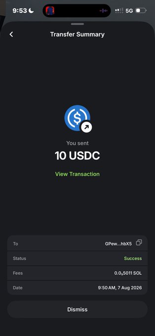 Dark-themed mobile app 'Transfer Summary' screen showing a successful transaction: 'You sent 10 USDC' to address GPew...hbX5 with fees of 0.0$ SOL on 9:50 AM, 7 Aug 2026.