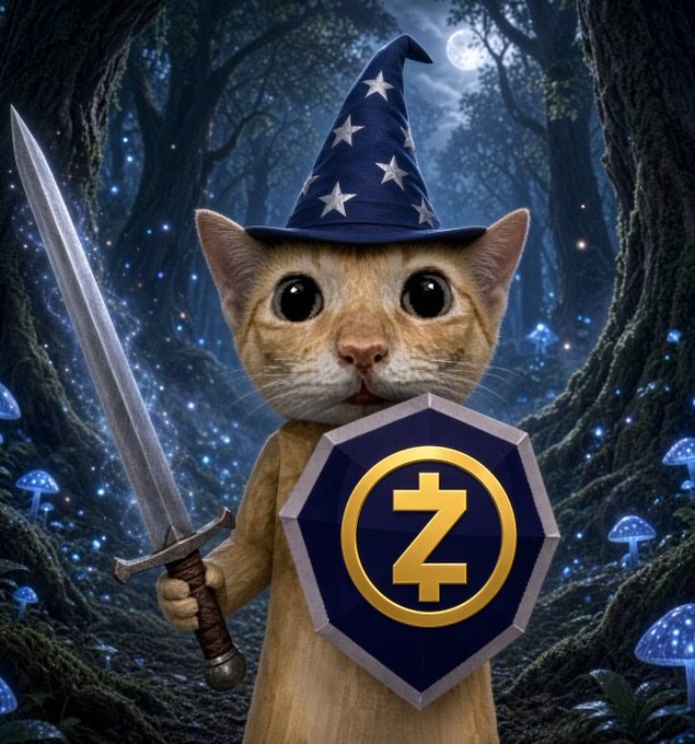 A digital illustration of an orange cat dressed as a wizard, wearing a blue star-patterned hat and holding a sword and a shield bearing a gold Z logo, set in a mystical forest with glowing mushrooms under a moonlit sky.