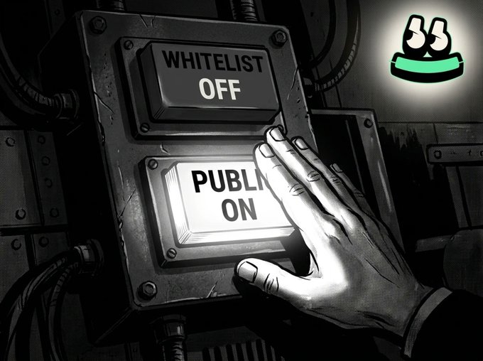 A hand presses a glowing "PUBLIC ON" button beneath a darkened "WHITELIST OFF" panel, symbolizing a shift to public access. The image illustrates the post's call to flip $stratton and $pen from restricted to publicly available.