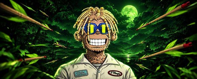 An anime-style illustration featuring a character with dreadlocks, blue goggles, and a wide grin, surrounded by arrows in a green forest under a full moon.