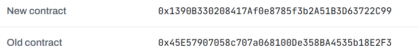 The image displays two Ethereum contract addresses labeled "New contract" (0x1390B330208417Af0e8785f3b2A51B3D63722C99) and "Old contract" (0x45E57907058c707a068100De358BA4535b18E2F3). This visual supports the $MEFAI migration announcement by providing the official contract addresses users can verify to ensure they are interacting with the legitimate migration rather than a scam.