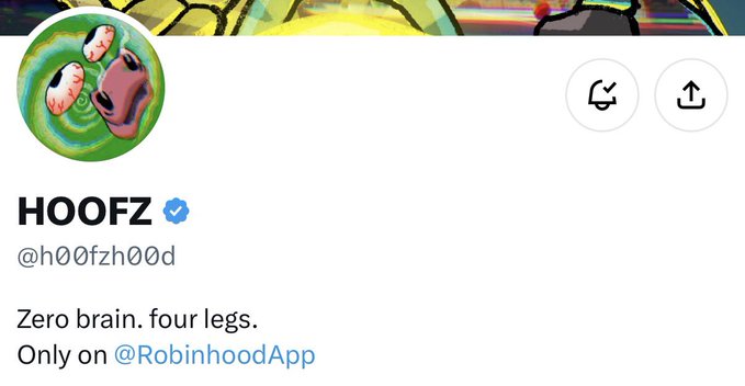 A Twitter/X profile for 'HOOFZ' (@h00fzh00d) with a verified checkmark, featuring a cartoon hippo logo and the bio: 'Zero brain. four legs. Only on @RobinhoodApp'.