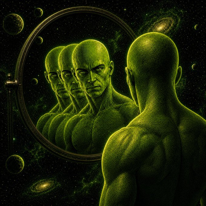 A green-tinted surreal illustration shows a bald muscular man from behind looking into a round mirror, where he sees four reflections of himself receding into the reflection, set against a cosmic backdrop with planets and galaxies.