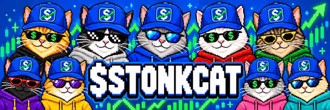 Banner art featuring pixel-art cats wearing blue caps with '$' logos and various sunglasses, with the text '$STONKCAT' displayed prominently below them.