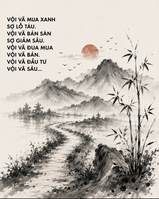 A black-and-white ink-wash landscape painting of mountains, water, and bamboo with a red sun, overlaid with Vietnamese text reading 'VỢI VÃ MUA XANH SỢ LỖ TÀU, VỢI VÃ BÁN SÀN SỢ GIẢM SÂU. VỢI VÃ ĐUA MUA VỢI VÃ BÁN, VỢI VÃ ĐẦU TƯ VỢI VÃ SÂU...'.