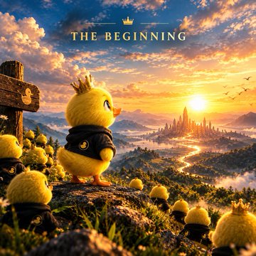An illustrated fantasy scene titled 'THE BEGINNING' shows a small yellow duckling wearing a crown and dark cloak looking out over a sunlit valley. Other small yellow creatures gather nearby on a grassy hillside.