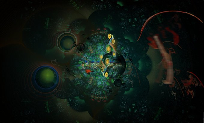 A dark, complex fractal or psychedelic digital artwork featuring intricate green and blue patterns, circular motifs, and abstract swirling shapes against a black background.