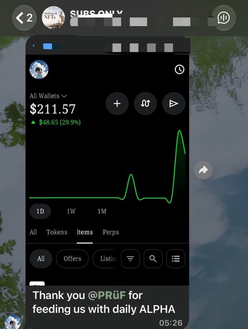 The image shows a screenshot of a mobile wallet app displaying a portfolio balance of $211.57 with a gain of $48.65 (29.9%), featuring a price chart and a comment thanking "@PRüF for feeding us with daily ALPHA," which relates to the post celebrating a win after giving away paid slots to subscribers for just $9.