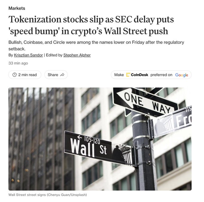 The image shows a CoinDesk Markets article headline reading "Tokenization stocks slip as SEC delay puts 'speed bump' in crypto's Wall Street push," accompanied by a photo of Wall Street street signs. The headline directly ties to the post about tokenization-focused firms like Bullish (BLSH), Figure (FIGR), Coinbase (COIN), and Circle (CRCL) sliding after the SEC delayed its planned "innovation exemption" for tokenized securities, with the Wall Street imagery symbolizing crypto's push toward traditional finance.