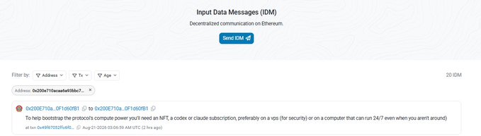 The image shows an Ethereum Input Data Messages (IDM) page displaying a transaction with 20.69M IDM, where address 0x200E710a...0F14bf81 sent a message to itself encouraging NFTs adoption, mentioning that hosting IDM requires running an NFT or claude subscription on a vps with 24/7 uptime, at gas price 0x5967032f6a8b with 212.2026 13:55:59 AM UTC timestamp.