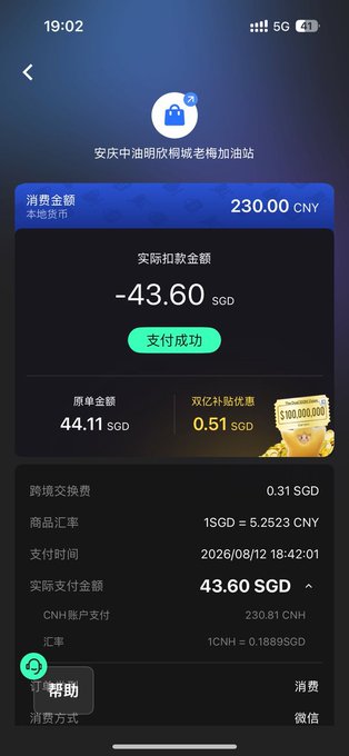 A screenshot of a successful payment of 230.00 CNY (43.60 SGD) at an Anqing gas station, showing a loss of 0.51 SGD due to currency conversion and fees. The image illustrates the post's claim about testing a 200+ yuan payment with Starryblu, demonstrating the small but real exchange rate loss incurred on the transaction.