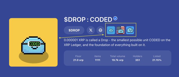 This image showcases the "$DROP : CODED" NFT collection, displaying its pixelated icon alongside key marketplace statistics such as a 21.0 xrp floor price and 19.7k total volume. It visually represents the final collection mentioned in the post, providing a statistical overview of its performance on the XRP Ledger.