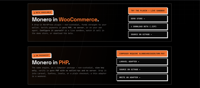 The image features a two-panel comparison between monero payments and a WordPress plugin called "WooCommerce". The panels are both black with white text, making them stand out against each other. Below these panels, there's a description of the feature being compared and an explanation of how to use the plugins for their respective purposes.