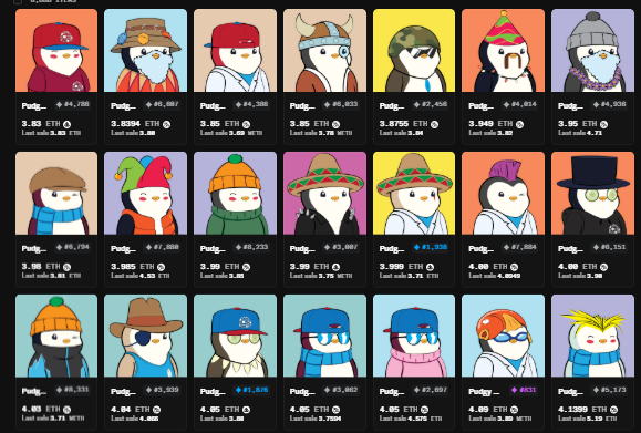 A grid of NFT profile pictures (PFPs) featuring cartoon penguin characters wearing various hats and clothing, with prices listed in ETH and WETH below each one.