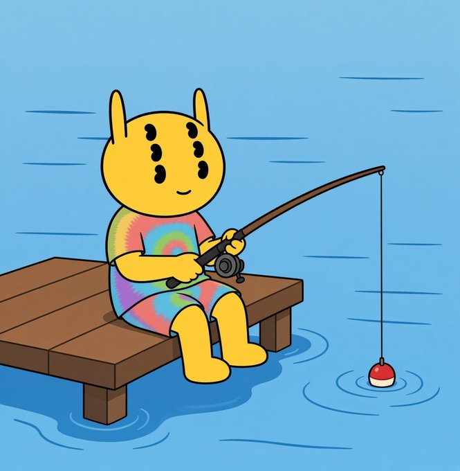 A cartoon illustration of a yellow creature with rabbit-like ears wearing a tie-dye shirt, sitting on a wooden dock fishing with a bobber in the water.