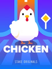A cute white cartoon chicken illustration appears on a vibrant blue and purple background, with "CHICKEN" displayed prominently in bold white lettering and "STAKE ORIGINALS" written below in smaller text, representing the first option in the poll asking viewers to choose between removing Chicken or Moles as their least favorite Stake Original.