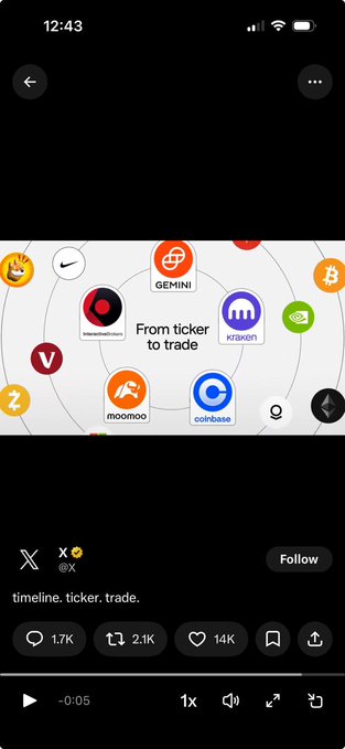 A screenshot of a social media video from account @X showing a crypto-themed graphic with logos including GEMINI, KRAKEN, moomoo, and coinbase, captioned 'timeline. ticker. trade.'