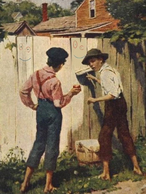 A vintage-style painting of two barefoot boys in suspenders by a wooden fence, with smiley faces (red eyes and blue smile) drawn on the fence boards behind them.
