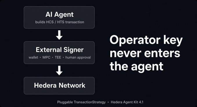 Technical diagram explaining Hedera Agent Kit 4.1 architecture, showing flow from AI Agent building HCS/HTS transactions through External Signer (wallet, MPC, TEE, human approval) to Hedera Network, emphasizing 'Operator key never enters the agent'.