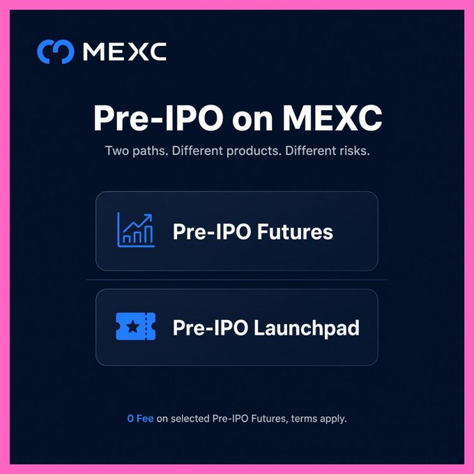 A promotional graphic for MEXC cryptocurrency exchange advertises 'Pre-IPO on MEXC' with two product offerings: 'Pre-IPO Futures' and 'Pre-IPO Launchpad,' noting '0 Fee on selected Pre-IPO Futures, terms apply.'