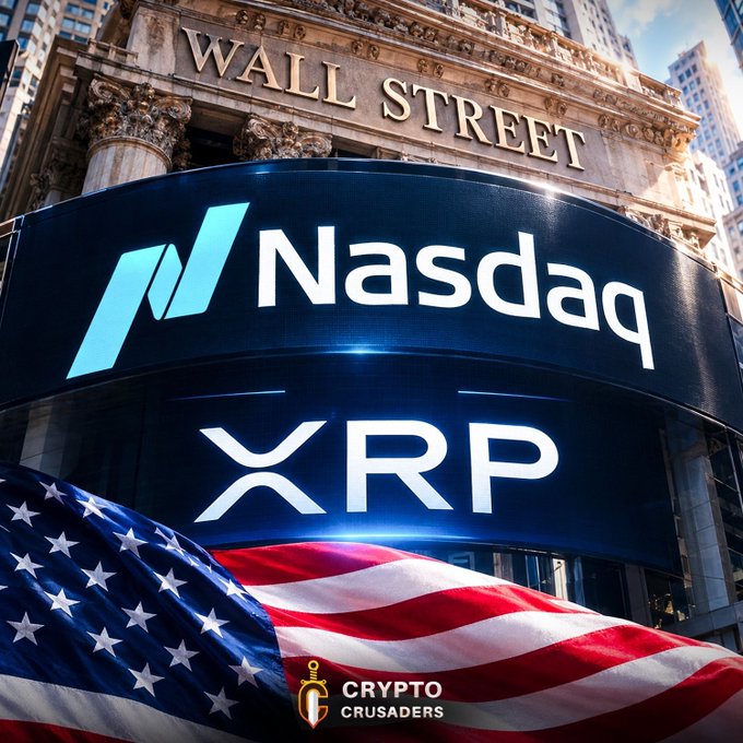 A promotional image showing the Nasdaq building on Wall Street with an XRP logo, an American flag, and a 'Crypto Crusaders' watermark.