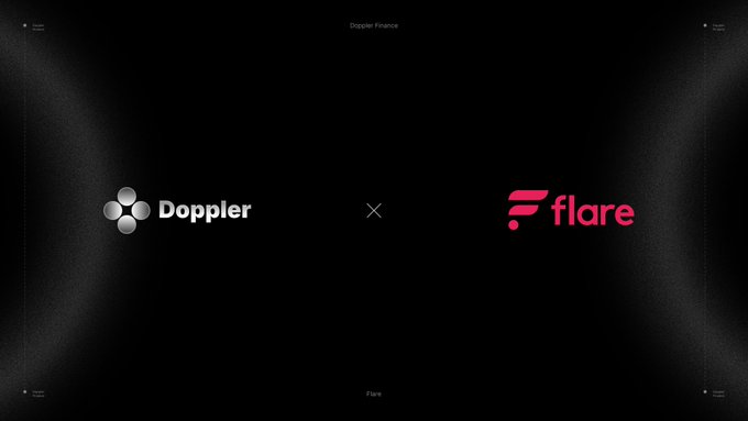 The image displays a collaboration announcement between Doppler Finance and Flare on a dark background, featuring the logos of "Doppler" (in white with a circular emblem) and "Flare" (in pink/magenta with an "F" symbol) separated by an "x" symbol, indicating a partnership between the two projects. This visual aligns with the post about key XRP Seoul partners coming together to forge new collaborations in the XRP Ledger ecosystem.
