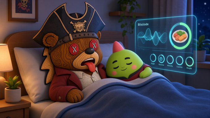 A whimsical 3D illustration showing a wooden pirate bear plushie and a green blob character in bed together, with a holographic screen displaying a bento meal and biometric data.