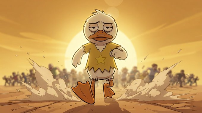 An animated illustration of a defeated-looking duck wearing a yellow star shirt walking through dust with a gladiator crowd blurred in the background, evoking a "gladiator games" meme aesthetic.