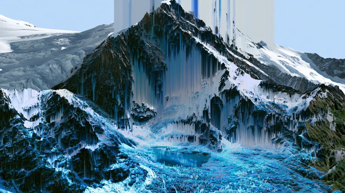 A dramatic icy mountain peak with snow and glaciers, featuring vertical streaking artifacts suggesting a digitally distorted or AI-generated render.