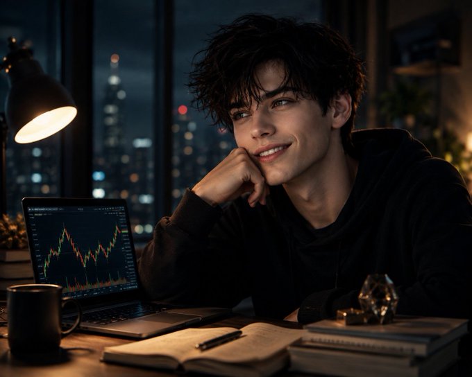 An AI-generated image of a young man with dark messy hair smiling at a desk, with a laptop displaying stock charts and a city skyline visible through the window behind him.